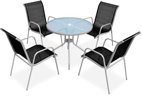 HETFTJN 5-TLG. Garten-Essgruppe, Balkonstühle Tisch Balkon Loungesessel Gartenlounge Geeignet für Garten Außen Balkon Wenig Platz Stahl Schwarz