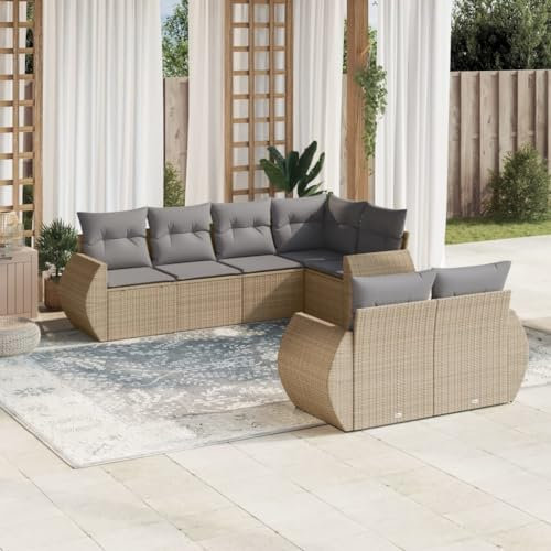 Rantry 7-TLG. Garten Sofagarnitur mit Kissen Gartensofa mit Stauraum Gartenlounge Balkonmöbel Gartenmöbel Loungesofa Rattansofa Ecksofa Loungemöbel Sitzgruppe Gartenset Beige Poly Rattan