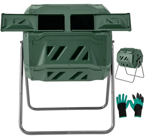 TANGZON Garden Tumbling Composter, 160L/164L Dual Chamber 360° Rotating Compost Bin with 2 Sliding Doors, Outdoor BPA Free Aerating Waste Bin Composting Tumbler (160L, 74 x 63 x 93 cm, Green+Black)