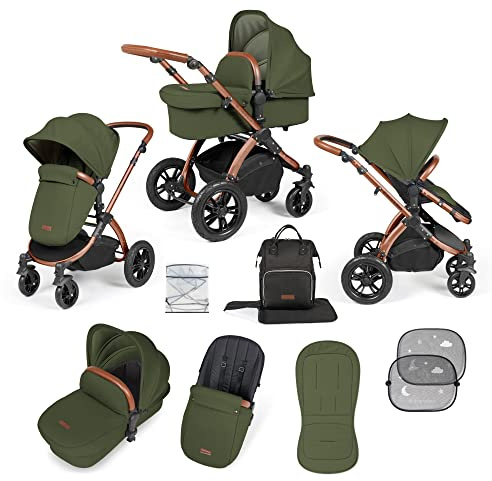Ickle Bubba Stomp Luxe 2 in 1 Kinderwagen - Geeignet von Geburt an bis zu 22 kg (ca. 4 Jahre*), All-Terrain, faltbar, inkl. Regenschutz, Fußsack, Schürze, Sonnenschirm (Bronze/Wald/Hellbraun)