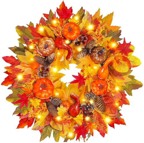 CHANCCI Herbstkränze für Haustür, 50,8 cm, Herbstkranz, künstlicher Ahorn-Herbstkranz, Sonnenblumenkranz mit LED-Licht, Kranz für Herbst, Außen- und Innenbereich, Dekoartikel Heimdekoration
