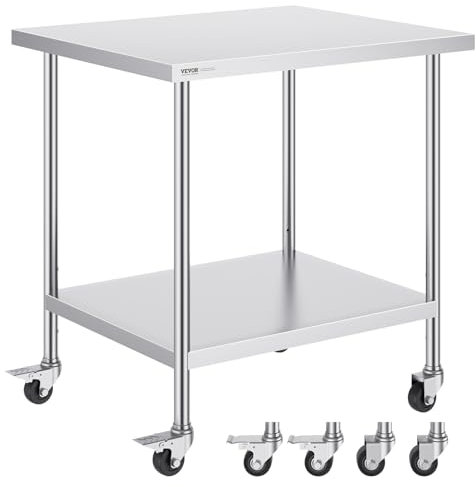 VEVOR Stainless Steel Work Table 30 x 18 x 38 Inch, with 4 Wheels, 3 Adjustable Height Levels, Heavy Duty Food Prep Worktable for Commercial Kitchen Restaurant, Silver