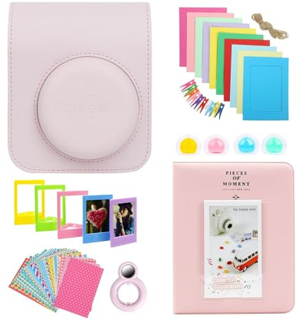 Clikoze Instant Camera Accessories Bundle - Includes Camera Case Compatible With Fujifilm Instax Mini 12, Mini Album Book, Selfie Mirror, Film Stickers x20, Colour Filters and More (Blossom Pink)