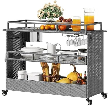 SDA287MZ Servierwagen Küchenwagen, tragbarer Barwagen mit Rädern, Rattan-Thekentisch mit 2 Stahlregalen, geeignet for Terrassenküche im Hinterhof Barwagen