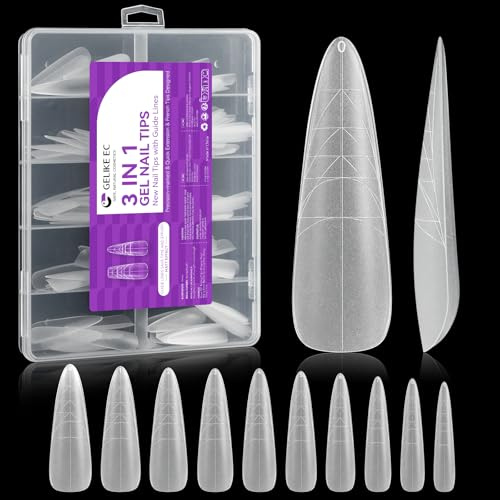 Gelike ec Lange Stiletto Nagelspitzen mit Hilfslinien: Full Cover Soft Gel Nagelspitzen Mandel Lange Vorpolierte Harz-Nagelspitzen mit Etui für Nagelstudios DIY-Nagelkunst 84 Stück 10Größe