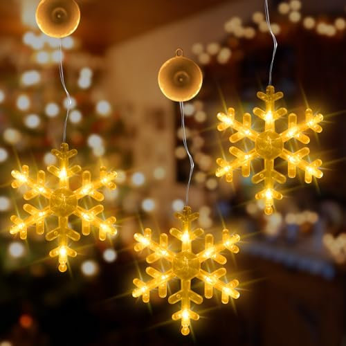 Fensterbeleuchtung Weihnachten,3 Stücke Schneeflocke Lichterketten,LED Schneeflocke Weihnachtsdeko，Weihnachtsbeleuchtung Innen,Batteriebetrieben,für Balkon Garten Warmweiß Fensterdeko