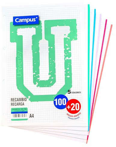 Campus – Recambio Hojas Cuadriculadas A4 para Archivador de 4 Anillas, 120 Hojas de 90g Cuadriculadas A4 Perforadas con Bandas de Colores, Para Carpesano, Carpeta y Archivador (5 Colores Pastel)