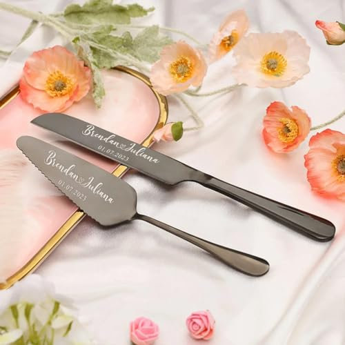 Tortenmesser-Set mit Gravur, personalisierbar, Kuchenmesser und Schaufel, Geburtstagsgeschenk, Hochzeit, Party, Dekoration, Jahrestag, Verlobung, Backwerkzeug (schwarz)
