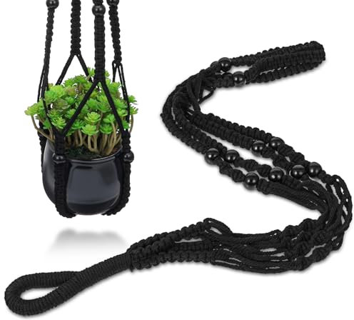 LLOUSSAK Makramee Blumenampel, Baumwollseil Innen Hängend Blumenampel Boho,Schwarze Pflanze Hängetopf, Hängenden Topf mit Hölzernen Perlen für Innen, Außen,Garten,Balkon,Terrasse, Fenster,89cm