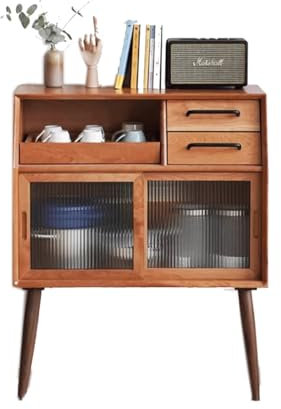 Aparador de madera maciza de cerezo de estilo japonés con puertas dobles, 3 cajones y armario de té, estante de almacenamiento y armario de café para espacios pequeños