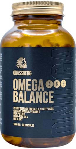 GRASSBERG - Omega 3-6-9 Balance | Premium-Fettsäuren mit Fischöl, Leinsamenöl und Borretschöl - 90 Kapseln