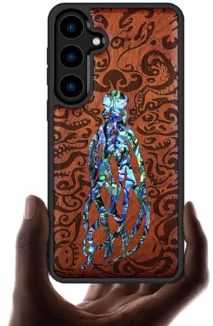 Carveit Designer Wooden Case for Samsung Galaxy S24 Plus Case [Wood Engraving & Shell Inlay] Compatible with Wireless Chargers S24 Plus (Cephalopod's Nocturne-Red Wood)