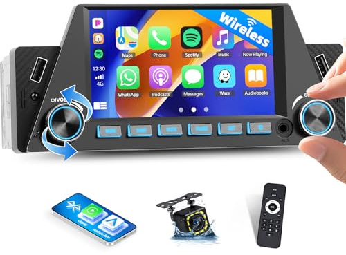 Radio de Coche 1 DIN con CarPlay inalámbrico CarPlay Android Car Pantalla táctil de 5 Pulgadas Bluetooth Estéreo de Coche Soporta MirrorLink Radio FM EQ Carga Tipo C 2 USB AUX+cámara de Marcha atrás