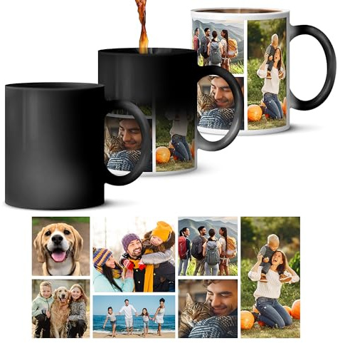 Personalised Heat Change Mug with Photo, 11oz Ceramic Custom Cup | Customised Colour Changing Gift for Birthday, Christmas, Anniversary, Personalised Coffee Tea Cup for Him or Her, 7 Photos