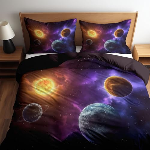 Sängkläder 90 x 190 cm galaxplaneter mörklila tryckta påslakan i polybomull för barn, sängkläder set för 1 person med 1 örngott 65 x 65 cm