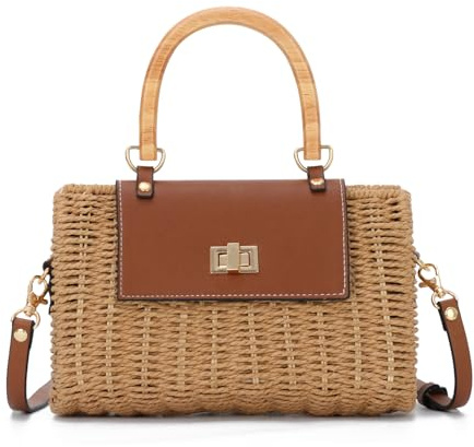 EVEOUT Bolso Bandolera Ratán Mimbre para Mujer Verano Boho Chic Bolsos Cesta de Paja Tejido con Cadena para Playa Vacaciones Fiesta