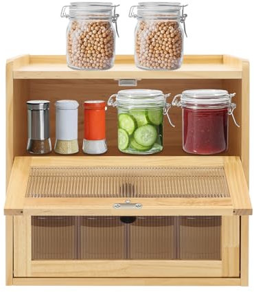 Boîte à pain en bois de pin avec 2 étagères et grande fenêtre, grande capacité, grande capacité, pour comptoir de cuisine (couleur bois)