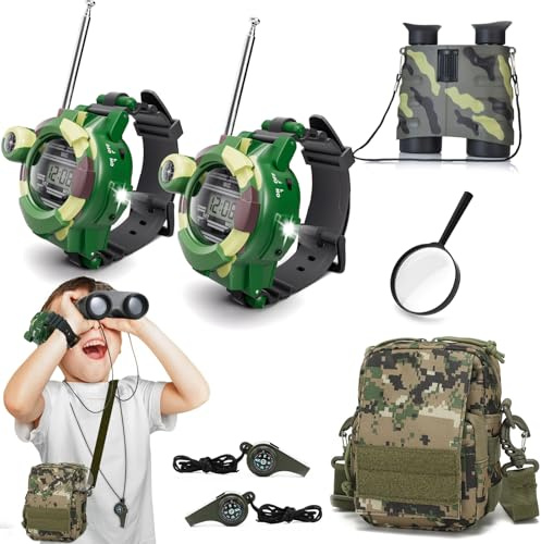 Walkie Talkies Watch Set for Kids Outdoor Explorer, Binoculars Camping Gear Kit Adventure Game, Cool Spy Gadgets for Boy Girls