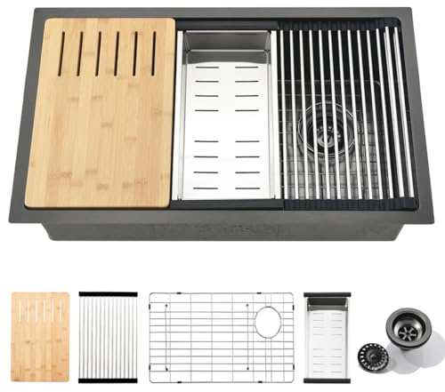 32 Inch Black Undermount Kitchen Sink Workstation - SZBAQTM 32x18-Inch Undermount Sink Stainless Steel Single Bowl 10'' Deep Handmade Kitchen sink with Cutting Board& Strainer