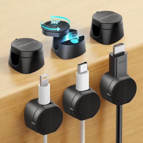 Kanemc Cable Tidy Clips, 360° Rotating Magnetic Twist-Lock Cable Management, Magnetic Cable Clips Self Adhesive Wire Organiser Desk Tidy Wire Clips for Desktop, Office, Home, Car (Black, 6 PCS)