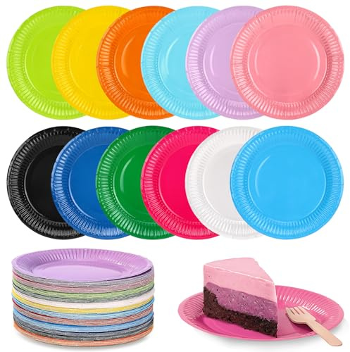 Tatxmalv Lot de 120 assiettes en carton multicolores - Rondes - Pour fête, dessert multifonction - Ne se déforme pas facilement - Pour les fêtes de jardin, les fêtes d'anniversaire d'enfants, les