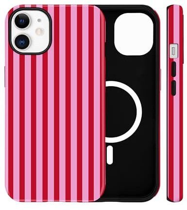 Jusy Magnetische Gestreifte Hülle für iPhone 12/12 Pro, Rot | Aesthetic Striped Sommer Muster Handyhülle, Kompatibel mit MagSafe, Zweischichtige Stoßdämpfend