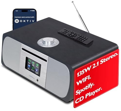 Lemega M5P Upgrade Internet Radio with CD Player, Powerful 2.1 Stereo System,Spotify HiFi, Bluetooth, FM Radio, Acoustic Wood Cabinet,50 Presets, Headphone Jack,OKTIV APP Control - Black