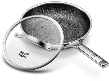 Roomena Non Stick Frying Pans Hybrid Ceramic With Lid, 12 Inch Tri-Ply Stainless Steel Skillet, Non-Toxic, PFAS/PFOA/PTFE Free, Metal Utensil Safe, Dishwasher & Oven Safe,Induction Compatible