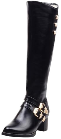 Femme Bottes Hautes Talon Bloc Bordeaux Avec Boucles Dorées Grande Taille Chaude Doublure Bottes Style Cavalier Élégant Boots Chaussures Automne Et Hiver 44