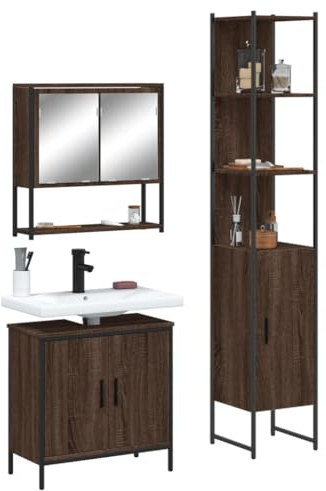 QUAHEAS 3-TLG. Badmöbel-Set Braun Eichen-Optik, Holzwerkstoff, 60x16x60cm Spiegelschrank, geräumiger Stauraum, für Badezimmer
