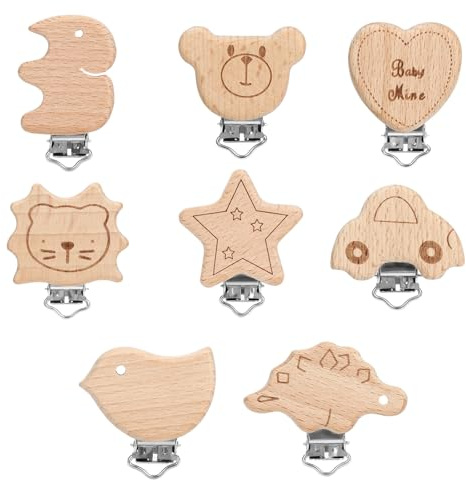 8 Stück Schnullerclip Buche, Schnullerkette Clip aus Tierformen, Schnullerclip Holz Verhindert das Herunterfallen von Schnullern, Schnullerketten Clips für Bastelarbeiten, Spielzeug und Gurtclip