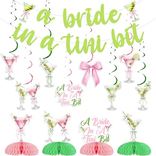 Wonmelody A Bride in A Tini Bit Bachelorette Decorations Banner Martini Glass Swirls A Bride in A Tini Bit Centerpieces Pink Green Cocktail Party Decor for Mexican Bridal Shower Girls Night