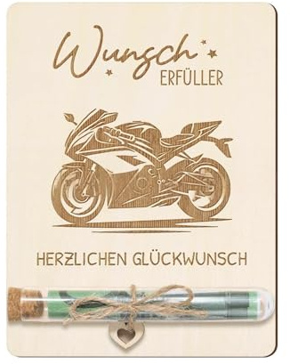 Vauki Geschenk für Motorradfahrer Holz, Verpackung Geldgeschenk Motorrad 12,5 x 9 cm, Originelles Geldgeschenk Motorrad mit Reagenzgläser, Lustige Geschenk Holz für Männer & Frauen, Wunscherfüller
