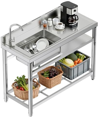 Jocisland 47 x 20 x 37.5 Stainless Steel Utility Sink with Right Worktop & Faucet, Single Bowl Freestanding Sink with Drawer & Storage Rack for Kitchen, Laundry or Garage