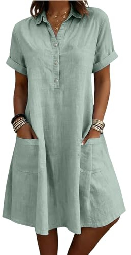 YGERGWE Linen Dresses for Women UK Summer Short Sleeve Casual Womens Midi Dresses with Pockets Loose Fit Button Up Linen Shirt Dress for Summer Beach Holiday