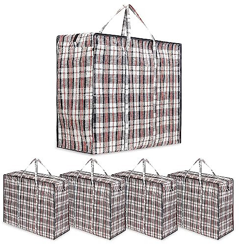 Jumbo Tasche mit Reißverschluss Aufbewahrungstasche Kleidung Storage Bag Große Taschen XXL Kariert Plastiktasche mit Reißverschluss Unterbettkommode Aufbewahrungs (5er Pack)