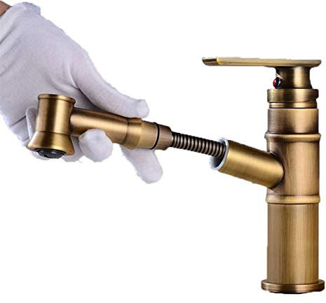 Einhebel Waschtischmischer waschtischarmaturen bad ausziehbar, Wasserhahn fürs Bad waschbecken mit Herausziehbarer Handbrause messing retro Waschbecken-Armatur Badarmatur, 19cm ( Color : Bronze )