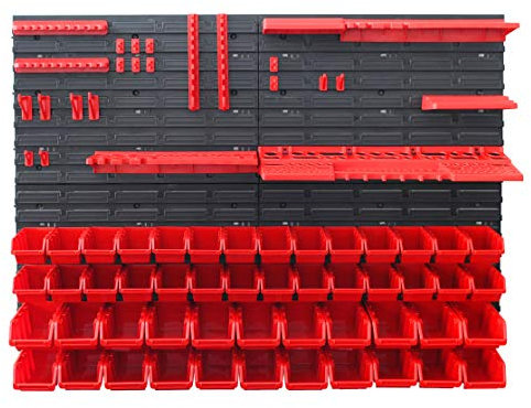 REXXER Stacking Boxes Storage System - Workshop Wall Shelf & Tool Holder - Modular Tool Rack for Garage & Workshop - Perforated Wall with 102 Pieces