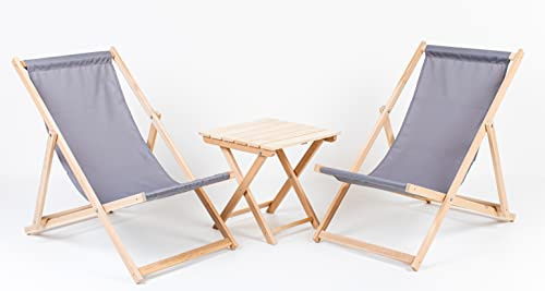Merino Wool Set 2X Lounger + Table Traditional Line Liegestuhl Sonnenliege Klappbar, Gartenliege Rückenlehne verstellbar leicht klappbar Garten Balkon Strand Holzklappstühle Naturholz Lounger (Gray)