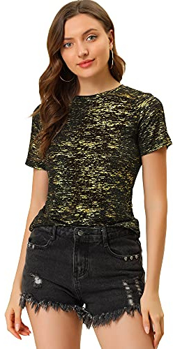 Allegra K Damer metallisk flerfärgad topp kortärmad rund hals blus t-shirt, Svart guld, L