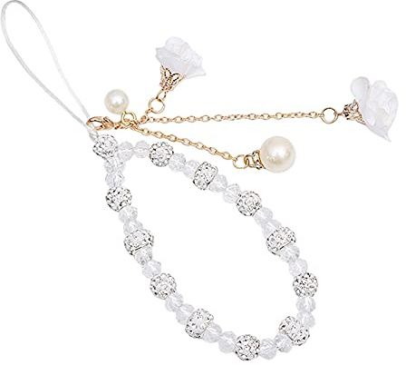 Handy Perlen Lanyard Handykette Perlen Handyanhänger, Anti-Verlorene Handykette Vintage Blume Böhmische Schlüsselband Kette Mobile Phone Hängende Schnur Handy-Schmuck für Frauen Damen, Weiß