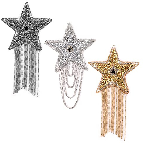 3 toppe termoadesive con strass a forma di stella, glitterate, termoadesive, con catene, nappe, strass, decorazione per vestiti, vestiti, pantaloni, jeans, cappelli, borse