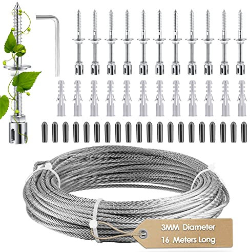 Hlieeosfcn Plante Grimpante Cadre Support Treillis Plantes Grimpantes, 16 Mètres Corde en Acier Inoxydable, Kit De Fixation Treillis Fil Jardin Maison