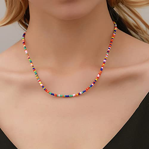 Wendalern Boho Beaded Choker Necklace Rainbow Seed Bead Necklace Glass Beaded Clavicle Necklace Colorful Bead Chain Necklace Jewelry for Women and Girls