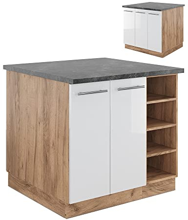 Vicco Kücheninsel Fame-Line, Weiß Hochglanz/Goldkraft Eiche, 90 cm | MDF-Front · 6 Einlegeböden · Höhenverstellbare Füße · Metallgriffe · Soft-Close
