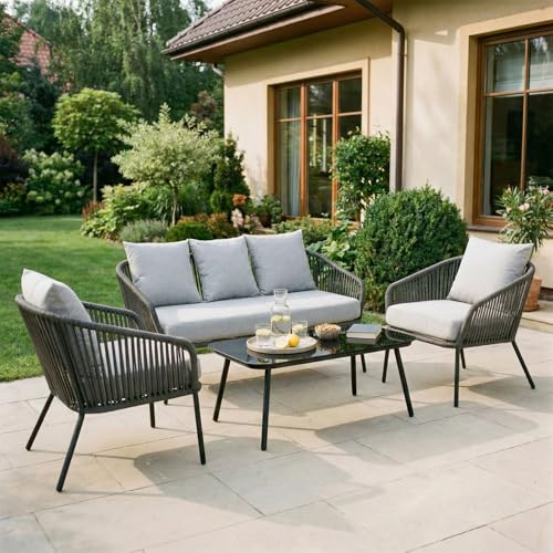 Gartenmöbel Bengal mit Dreisitzer, Zwei Sessel, Beistelltisch in schwarz/grau, Strapazierfähige, Wasserabweisende Polster, Gestell aus Aluminium, Beistelltischplatte aus Sicherheitsglas