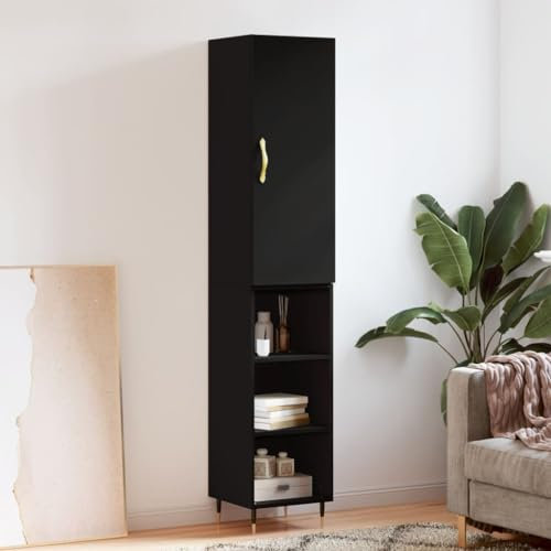 FIRBNUS Hochschrank 34,5x34x180 cm Wohnzimmerschrank Badschrank mit Schublade Bücherregal Highboard Vitrinenschrank Schrank für Wohnzimmer Küche Esszimmer Büro Schlafzimmer Schwarz