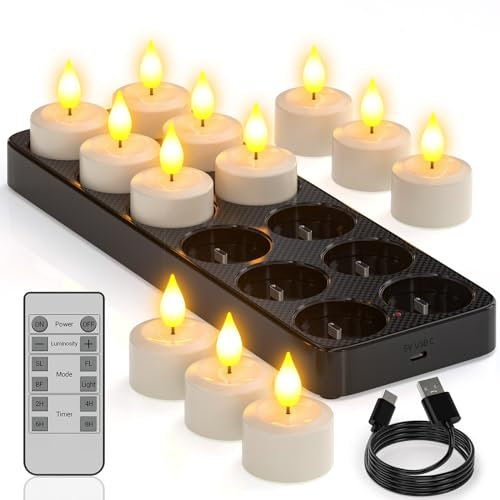 Yme Aufladbare Teelichter mit Timerfunktion und Ladestation, 12er LED Teelichter Wiederaufladbar Kerzen Flackernd mit Fernbedienung Timer für Zimmer Wohnzimmer Halloween Weihnachten Tisch Party Deko