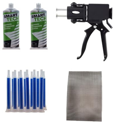 Kit de Reparación Plasticos Paragolpes Fisuras 2 unidades de Adhesivo 2 componentes resina epoxi + Pistola profesional de aplicación + 24 Canulas + Malla de refuerzo