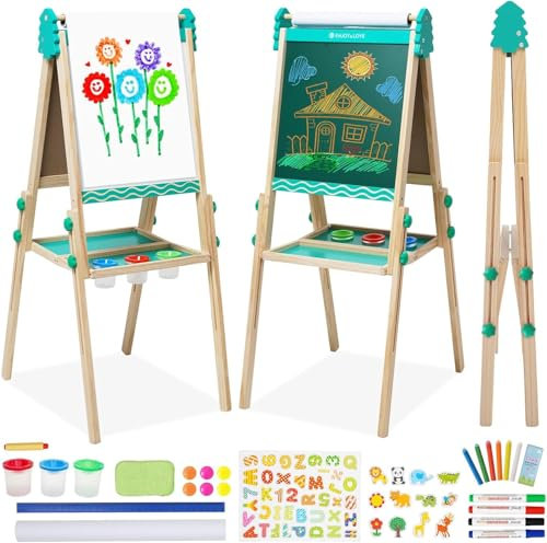 Kinder Tafel Staffelei aus Holz mit Papierrolle Kinder Holz Spielbrett Höhe Einstellbar Schöne Bogen Design Doppelseitige Whiteboard und Tafel Staffelei mit Zahlen und anderem Zubehör (Blau)